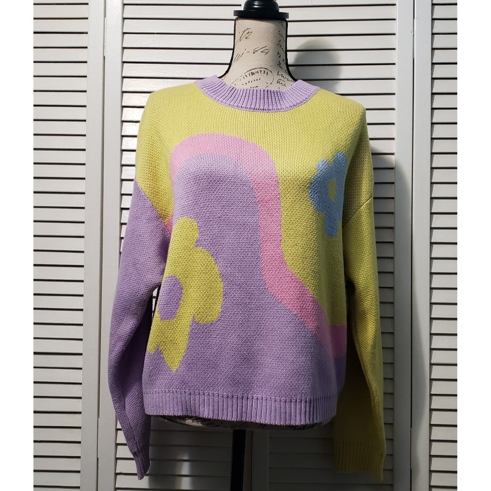 Cider Knit Sweater Women's Small Purple Yellow Floral Hippie Boho Retro Inspired
